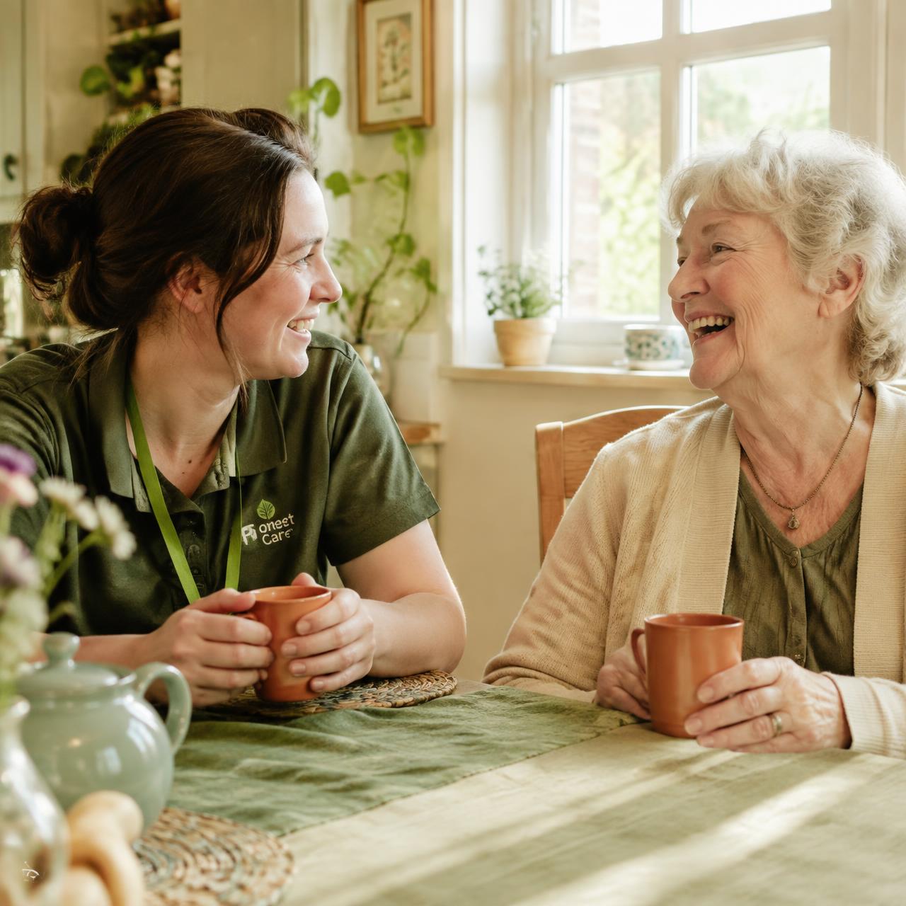 A support worker sharing tea with a client